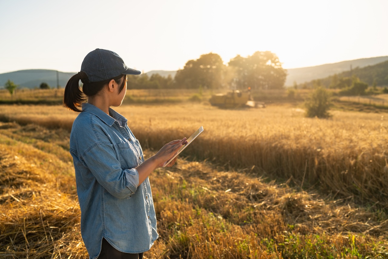 Female farmer using a tablet to control combine harvester