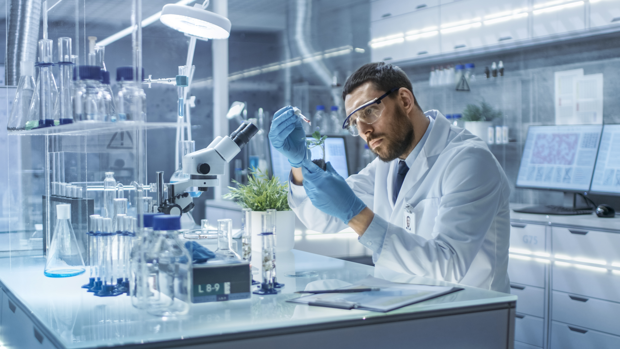 Lab worker testing various crops