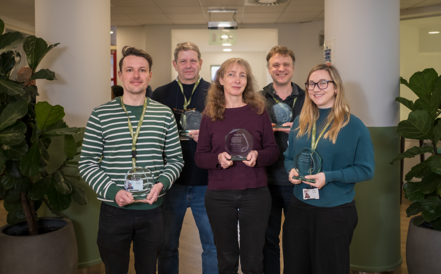 The 2023 S&T Prize winning team, from left to right: Matt Rymaruk, Phil Taylor, Martine de Heer, Chris Lindsay, Annette Christie.