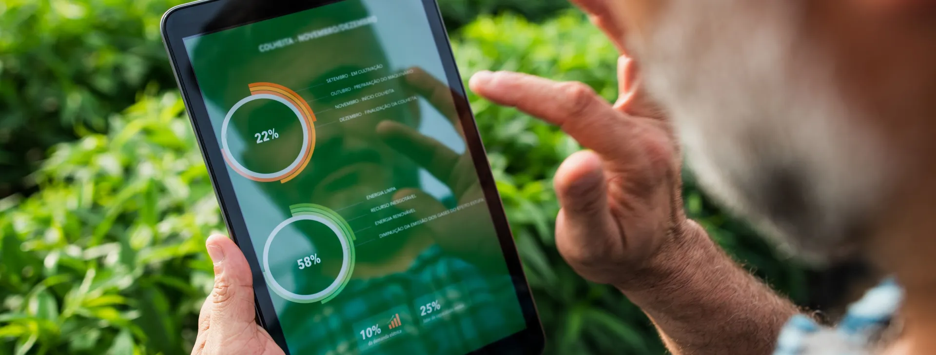 A farmer uses a tablet to analyze crop data outdoors