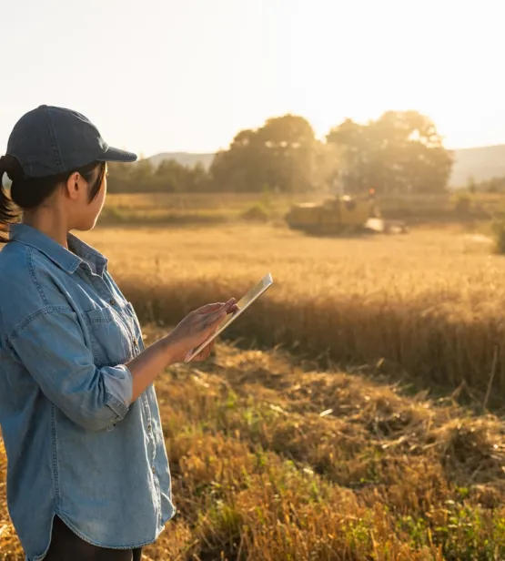 Female farmer using a tablet to control combine harvester