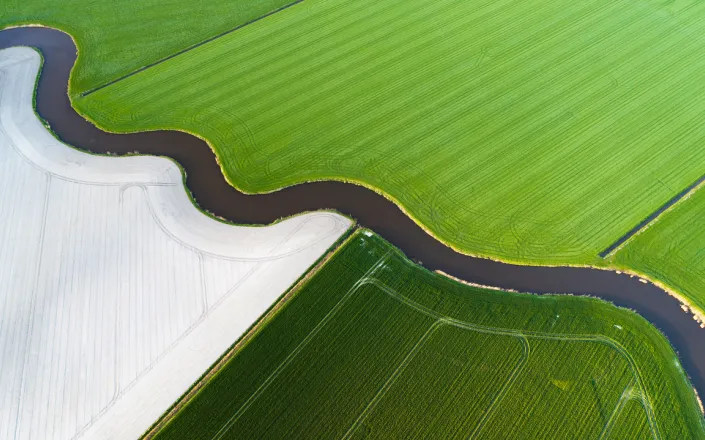 Aerial shot of curves and lines in a Dutch agricultural landscape